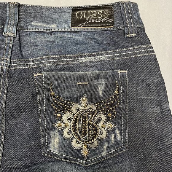 Guess Jeans Women Size 32 Daredevil Skinny Leg Dark Blue Wash Embellished - Picture 10 of 16